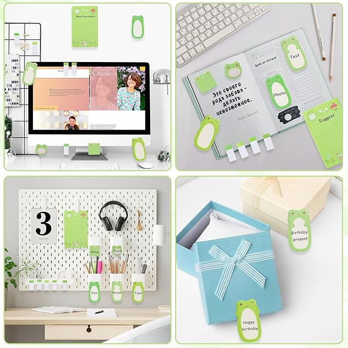 Xqumoi I Just Really Like Frogs Sticky Notes Set, 550 Sheets, Cute Cartoon Frogs Self-Stick Notes Pads Animal Divider Tabs Bundle Writing Memo Pads Back to School Office Supplies Small Gift