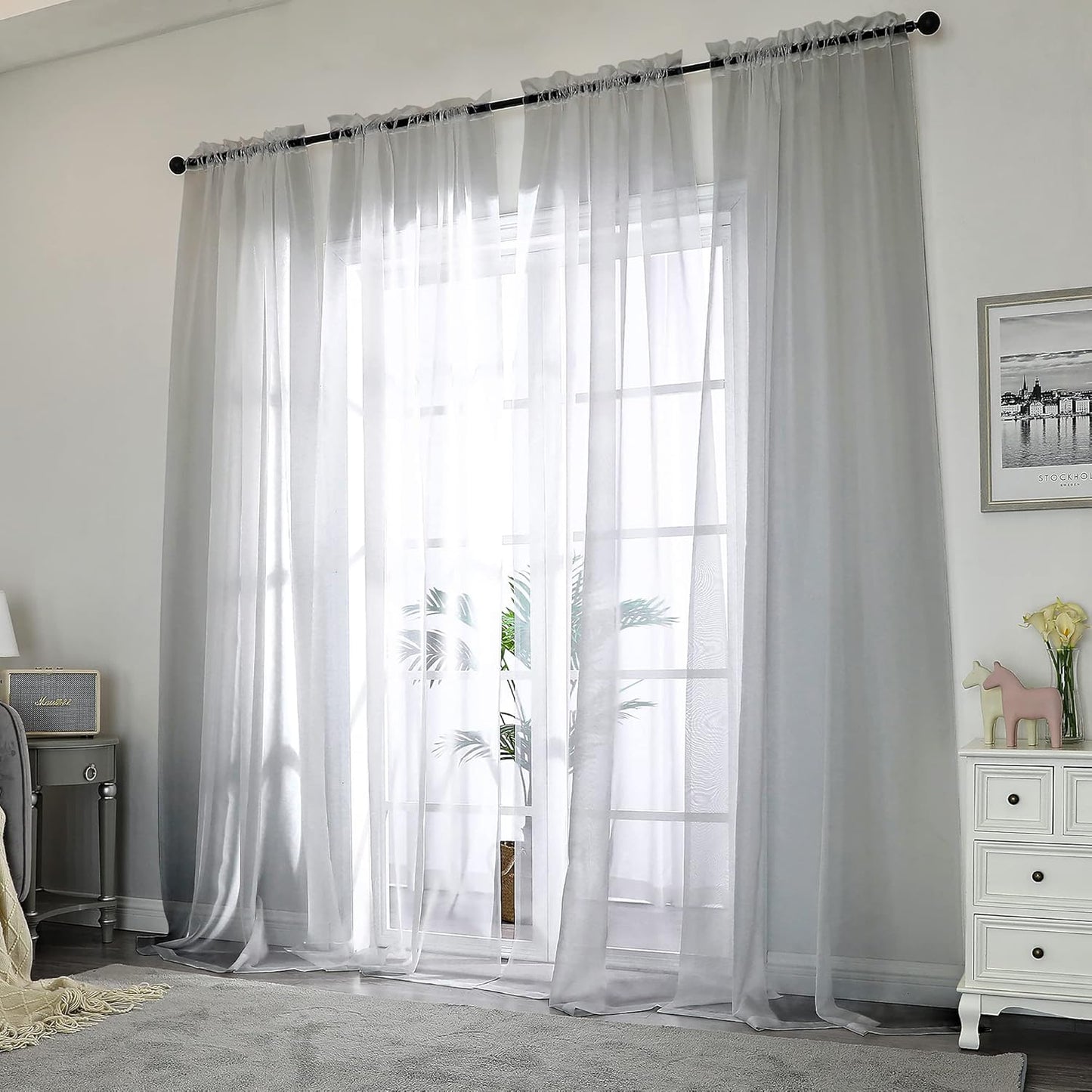 Chyhomenyc 120 Inch Long Sheer Curtains for Bedroom, Semi Sheer Privacy Curtains & Drapes Texture Sunlight Filtering for Hallway Window Guest Room Country House, 42x120 Inches, 2 Panel, Charcoal Grey