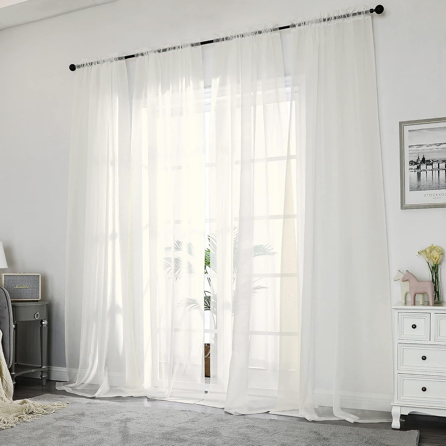 Chyhomenyc Ivory Sheer Curtains 108 Inch Long 2 Panels Set, Light Filtering Long Window Treatment Drapes for Living Room Bedroom Canopy, Each 42Wx108L inches, 9 Feet L, Set of 2, Ivory