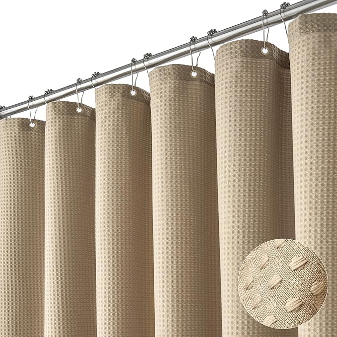 Dynamene Extra Wide Shower Curtain-108 Inch Wide Waffle Weave Weighted Thick Cloth Bathroom Shower Curtain, Neutral Heavy Duty Hotel Bath Curtain Set with 18 Plastic Hooks,108x72, Beige/Khaki