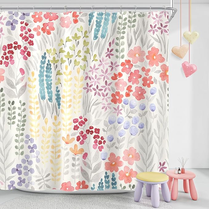 Extra Long Shower Curtain 72 x 96 Inch, Floor to Ceiling X-Long Tall Cute Floral Shower Curtain for Bathroom, Colorful Wildflower Boho Cottagecore Fabric Shower Curtain Set with Hooks, Ivory