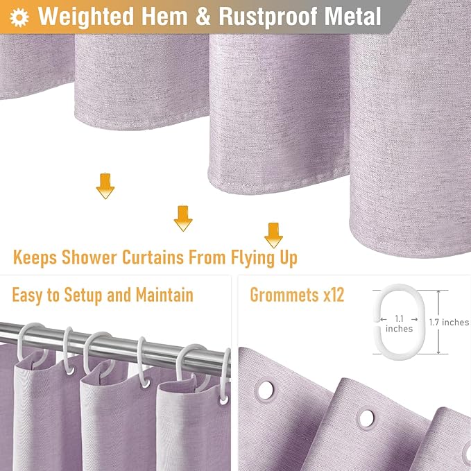 BTTN 78 Inch Long Shower Curtain, Linen Textured Thick Weighted Fabric Shower Curtain Set with 12 Hooks, Tall Hotel Neutral Heavy Duty Waterproof Polyester Shower Curtain for Bathroom, 72x78, Lavender