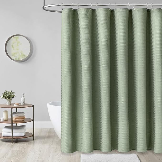 Dynamene Extra Long Fabric Shower Curtain - Waffle Weave 90 Inches Long Heavy Duty Cloth Shower Curtains for Bathroom, 256GSM Tall Hotel Luxury Bath Curtain Set with 12 Plastic Hooks，Sage Green