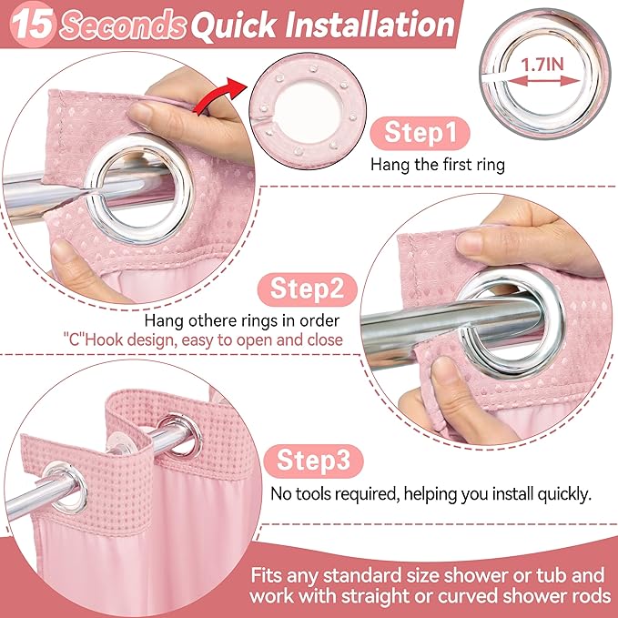 Conbo Mio No Hook Waffle Weave Shower Curtain with Snap in Liner Set, Hotel Luxury Pink Shower Curtains for Bathroom with See Through Top Window, Waterproof, Washable 71W x 74H