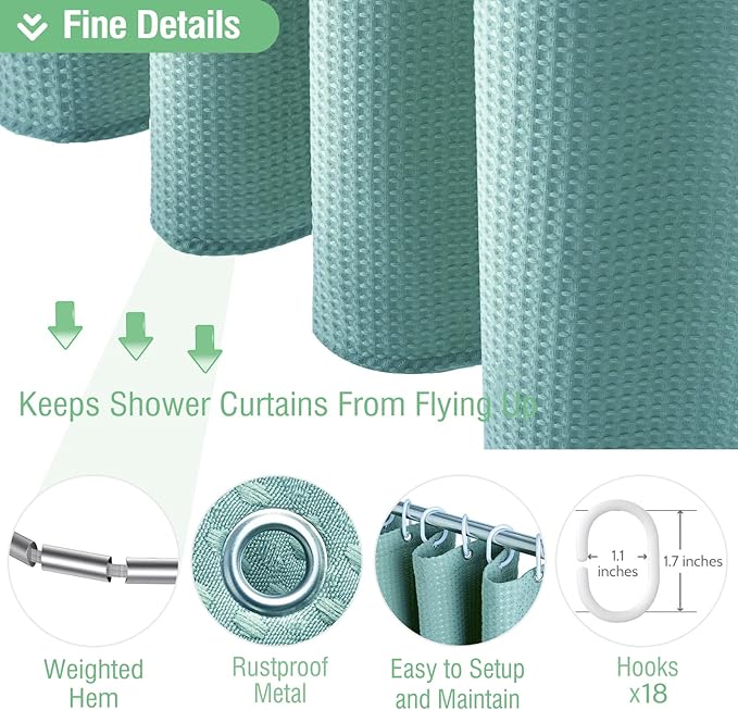 Dynamene Extra Wide Shower Curtain-108 Inch Wide Waffle Weave Weighted Thick Cloth Bathroom Shower Curtain, Neutral Heavy Duty Hotel Bath Curtain Set with 18 Plastic Hooks,108x72, Teal/Turquoise