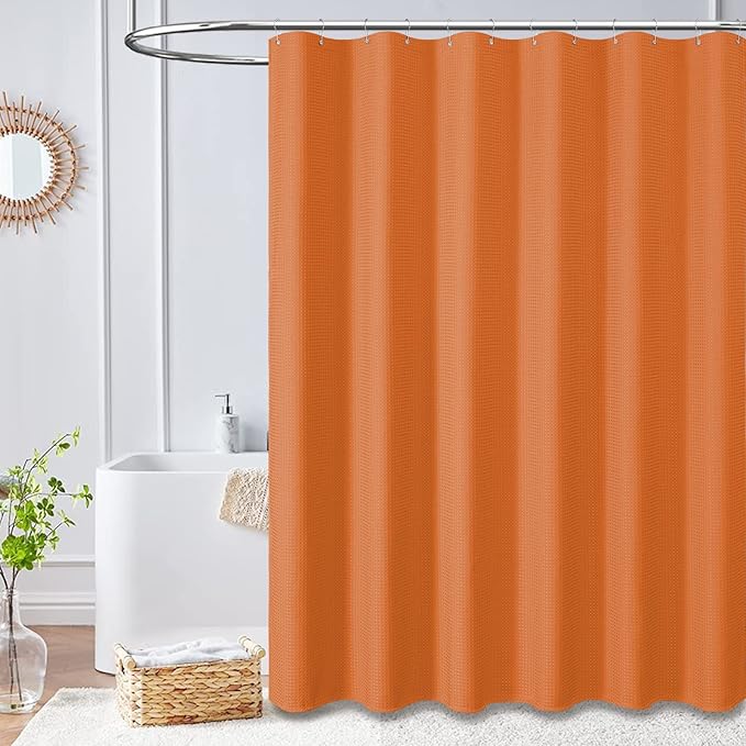 Dynamene Burnt Orange Fabric Shower Curtain - Waffle Weave Textured Heavy Duty Cloth Shower Curtains for Bathroom, 256GSM Hotel Luxury Weighted Bath Curtain Set with 12 Hooks,72x72, Burnt Orange