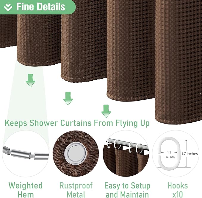 Dynamene Stall Fabric Shower Curtain - 60 x 84 inch Long Waffle Weave Weighted Thick Cloth Shower Curtains for Bathroom, Neutral Heavy Duty Hotel Spa Luxury Bath Curtain Set with 10 Hook, Brown