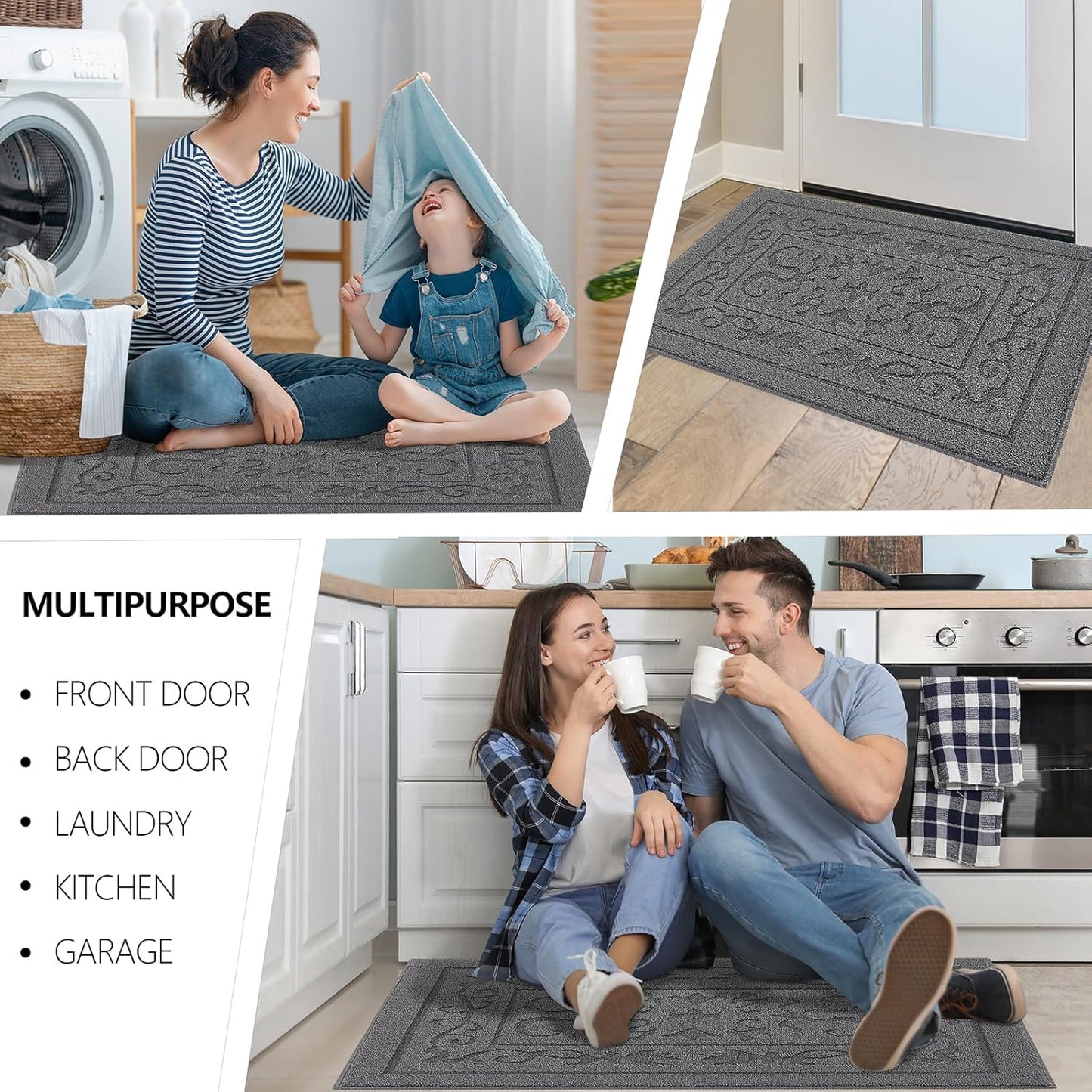 FONEYI Indoor Door Mat 36" x 59", Dirt Trapper Door Mats Non-Slip Entryway Rugs Washable, Absorbent Resist Dirt Welcome Mat, Low Profile Inside Floor Mats for Front Back Door and Entryway, Grey