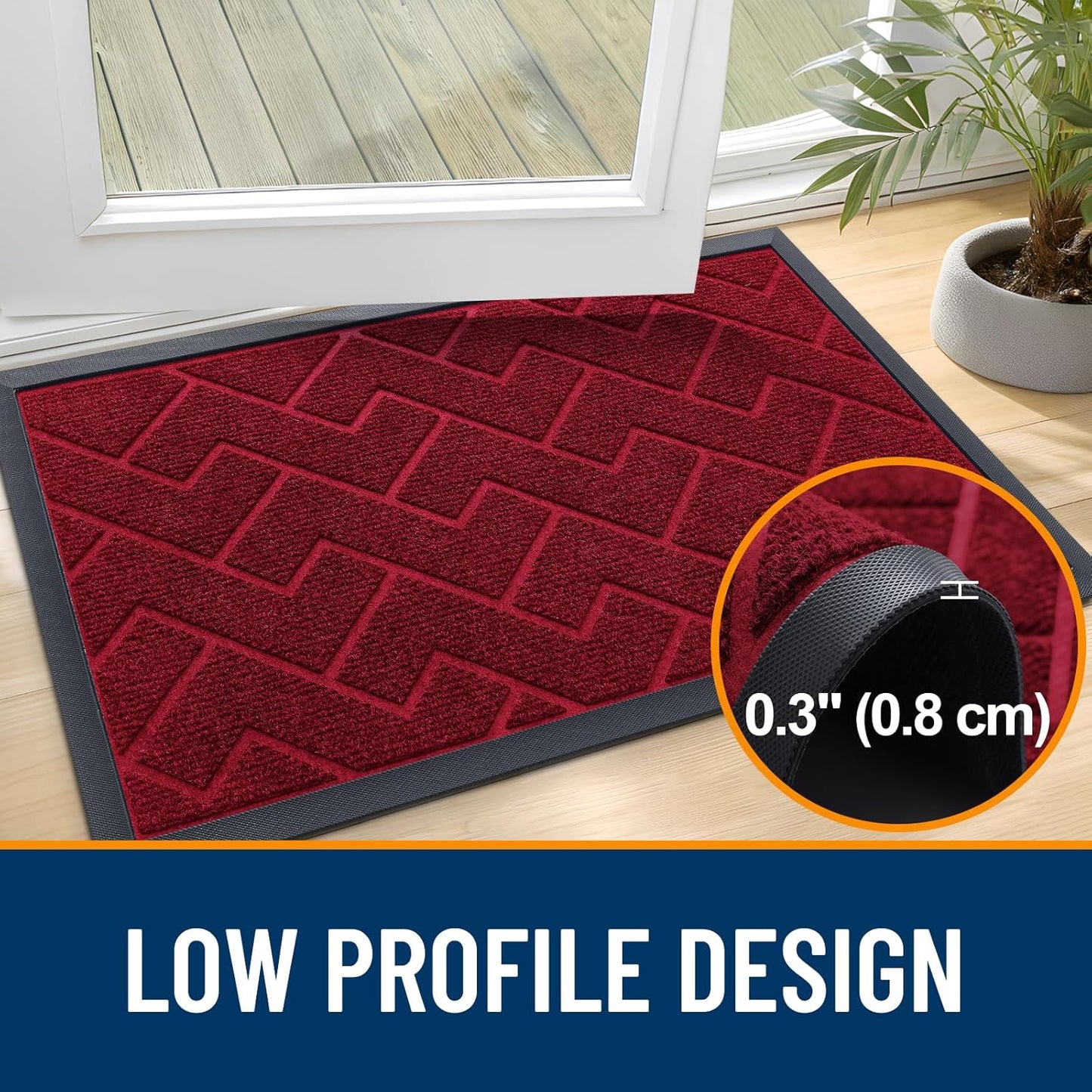 OLANLY Front Door Mat Indoor Outdoor Entrance, Waterproof All-Season, All-Weather Doormat, Sturdy Natural Rubber, Low Profile, Easy Clean Patio Porch Entryway Mat, Herringbone Brick (Wine Red, 71x47)