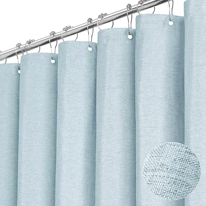 BTTN Stall Fabric Shower Curtain - 54x78 Inch Long Linen Textured Heavy Duty Shower Curtain Set with 10 Plastic Hooks, Narrow Neutral Outdoor Weighted Waterproof Shower Curtains for Bathroom, Fog Blue