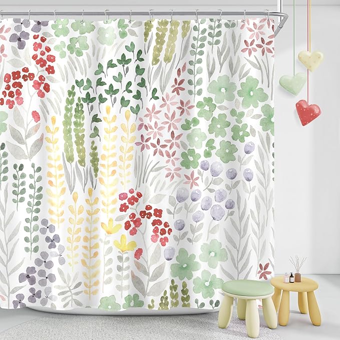 Long Shower Curtain 72 x 78 Inch, Tall Cute Floral Shower Curtain for Bathroom, Sage Green Wildflower Boho Cottagecore Fabric Shower Curtain Set with Hooks