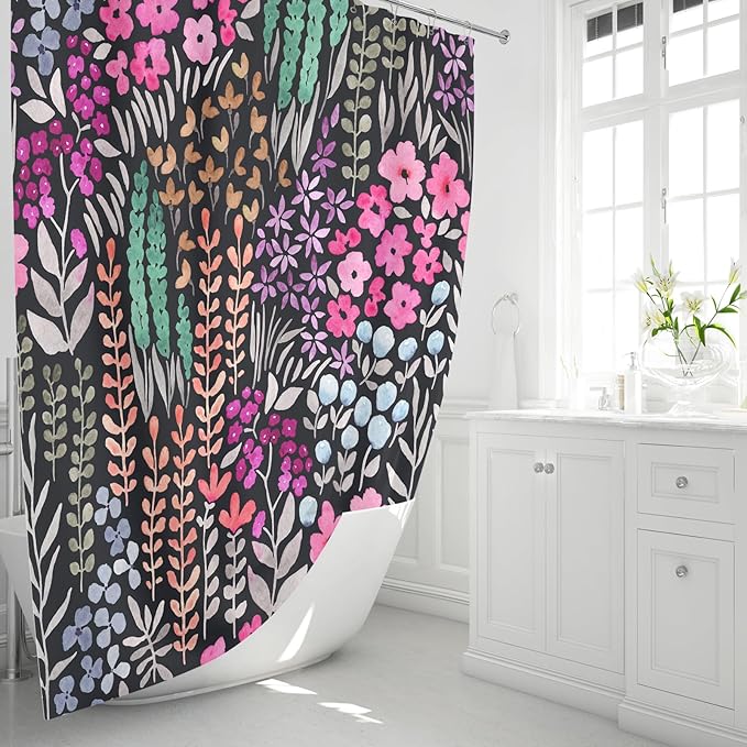Black Floral Shower Curtain 60x72, Hot Pink Boho Flower Fabric Shower Curtain, Cute Funky Watercolor Wildflower Shower Curtain Set, Cottagecore Bohemian Bathroom Decor