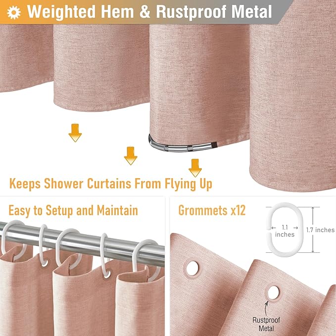 BTTN Fabric Shower Curtain, Linen Textured Heavy Duty Polyester Cloth Shower Curtain Set with Plastic Hooks, Blush, 72x96