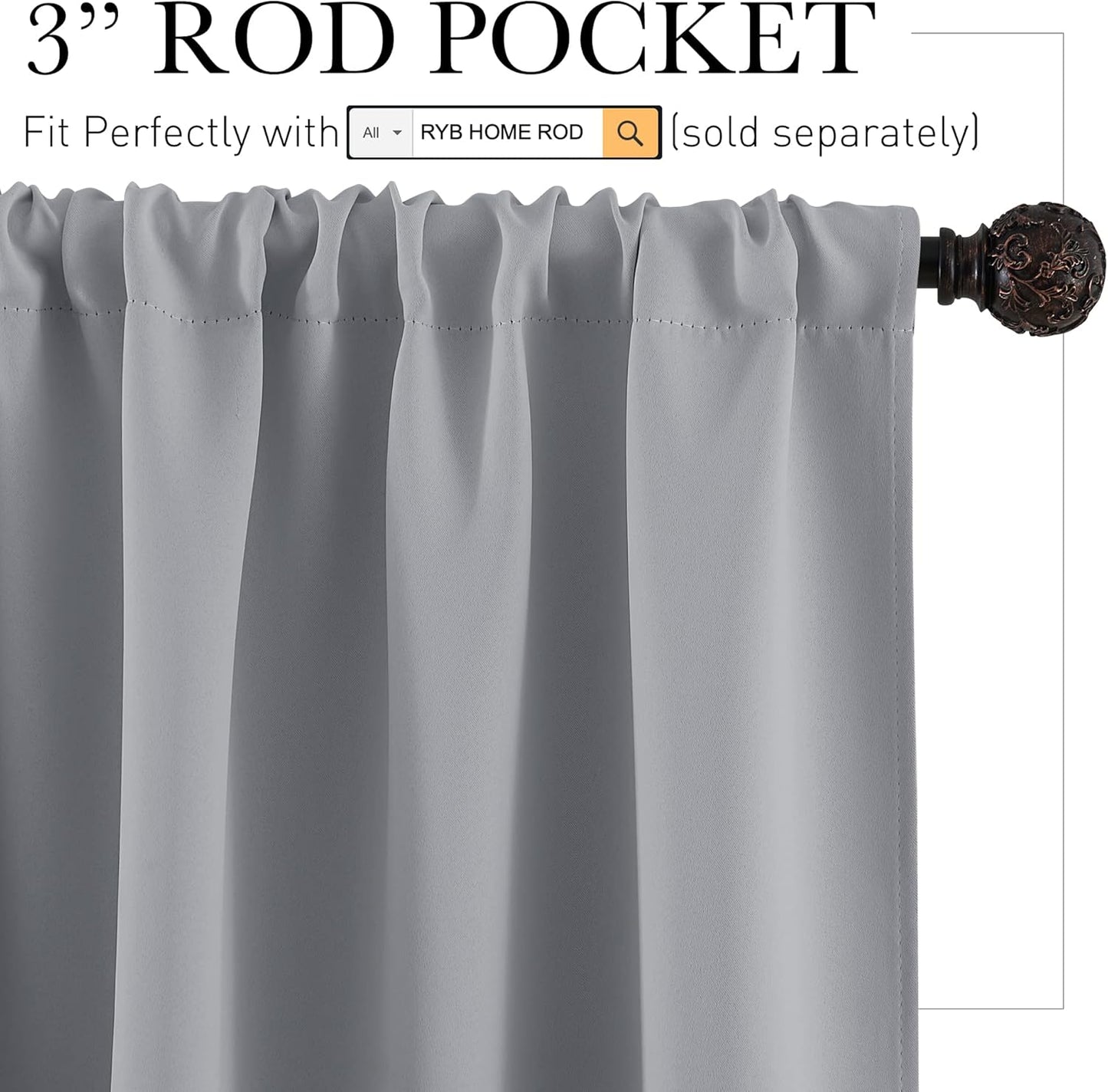 RYB HOME Curtains 84 inch Long - Blackout Curtains Privacy for Living Room Bedroom Bay Window Patio Door Decor, W 42 x L 84, Silver Grey, 1 Pair