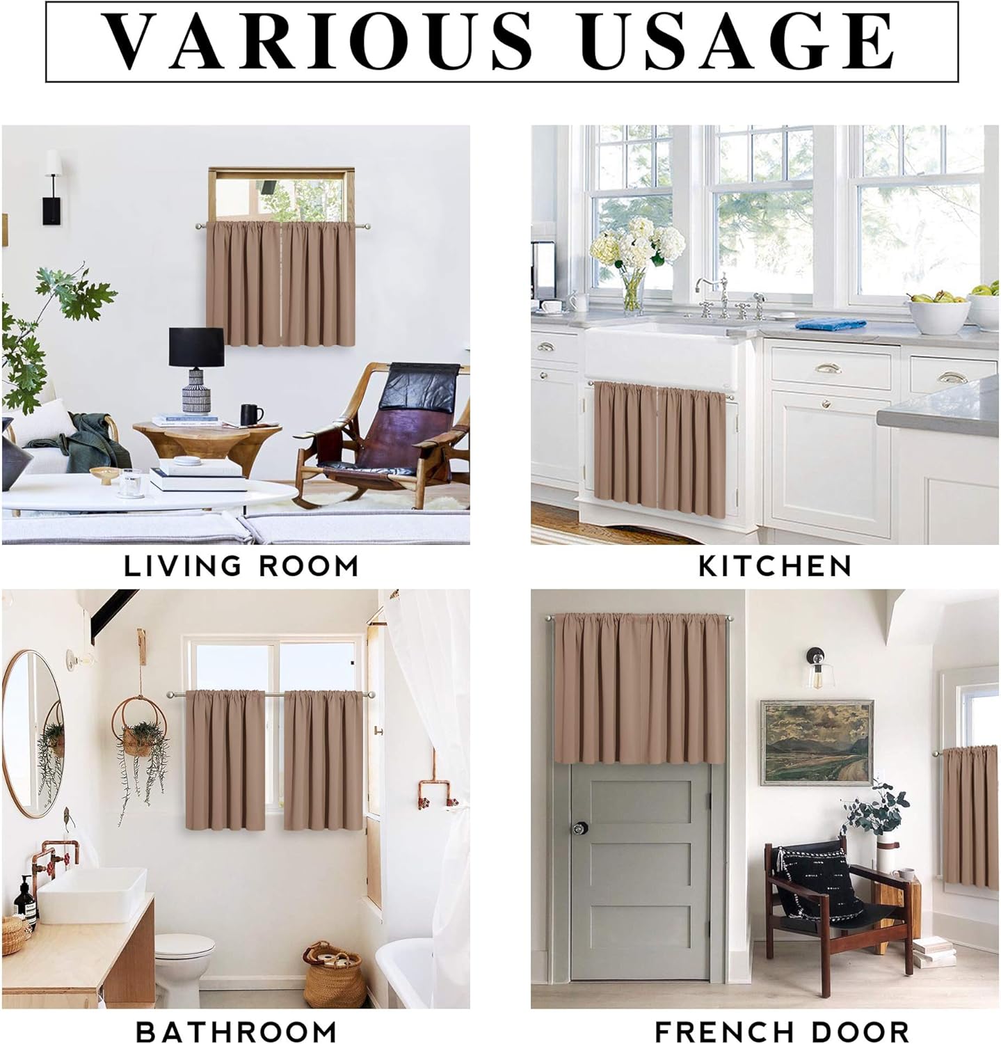 RYB HOME Half Window Curtains Blackout Shades Small Draperies for Living Room, Short Curtains for Cafe Shop/Kitchen, 29 inches Wide x 24 inch Long Per Panel, Mocha, 2 Panels