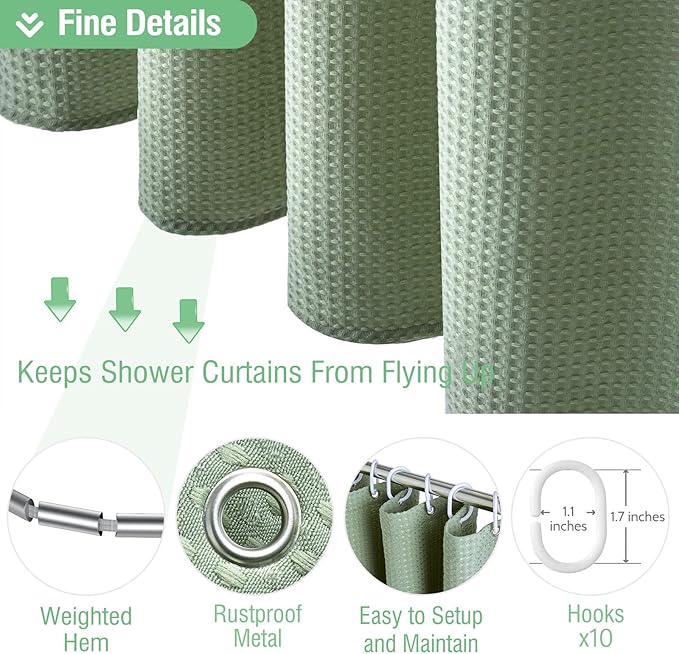 Dynamene Stall Fabric Shower Curtain - 54x78 inch Long Waffle Weave Weighted Thick Cloth Shower Curtains for Bathroom,Heavy Duty Hotel Spa Luxury Bath Curtain Set with 10 Plastic Hooks,Sage Green