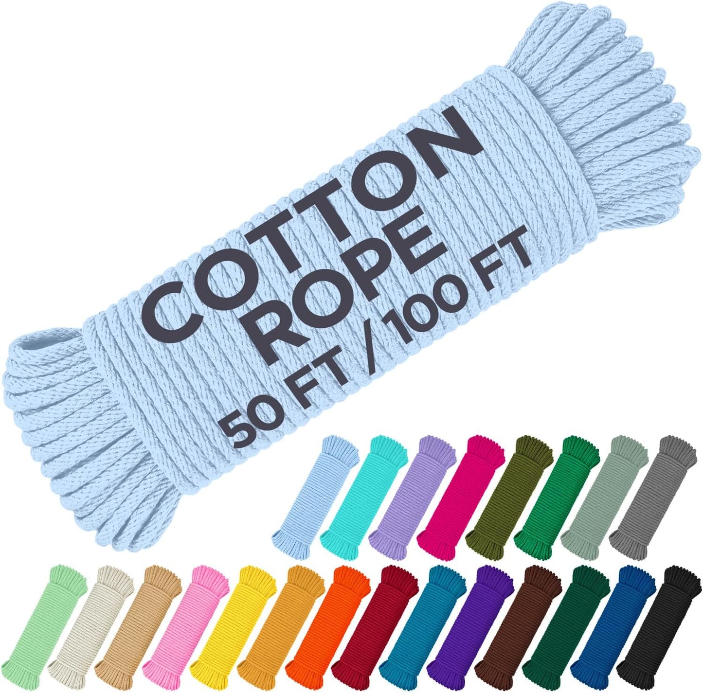 TECEUM Cotton Rope 3/16” (5 mm) – 100 FT – Strong All-Purpose Braided Rope – Natural Cotton – for Crafting, Сamping, Clothes Line, DIY, Indoor & Outdoor Use – Baby Blue