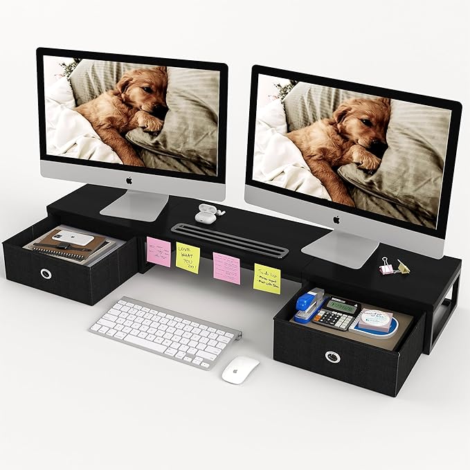 Mexin Dual Monitor Stand Riser with 2 Drawers - 39Inch Large Storage Computer Monitor Stands for 2 Monitors, Wooden Desktop Organizer Perfect for Home Office Desk, Computer, Laptop, TV, Black