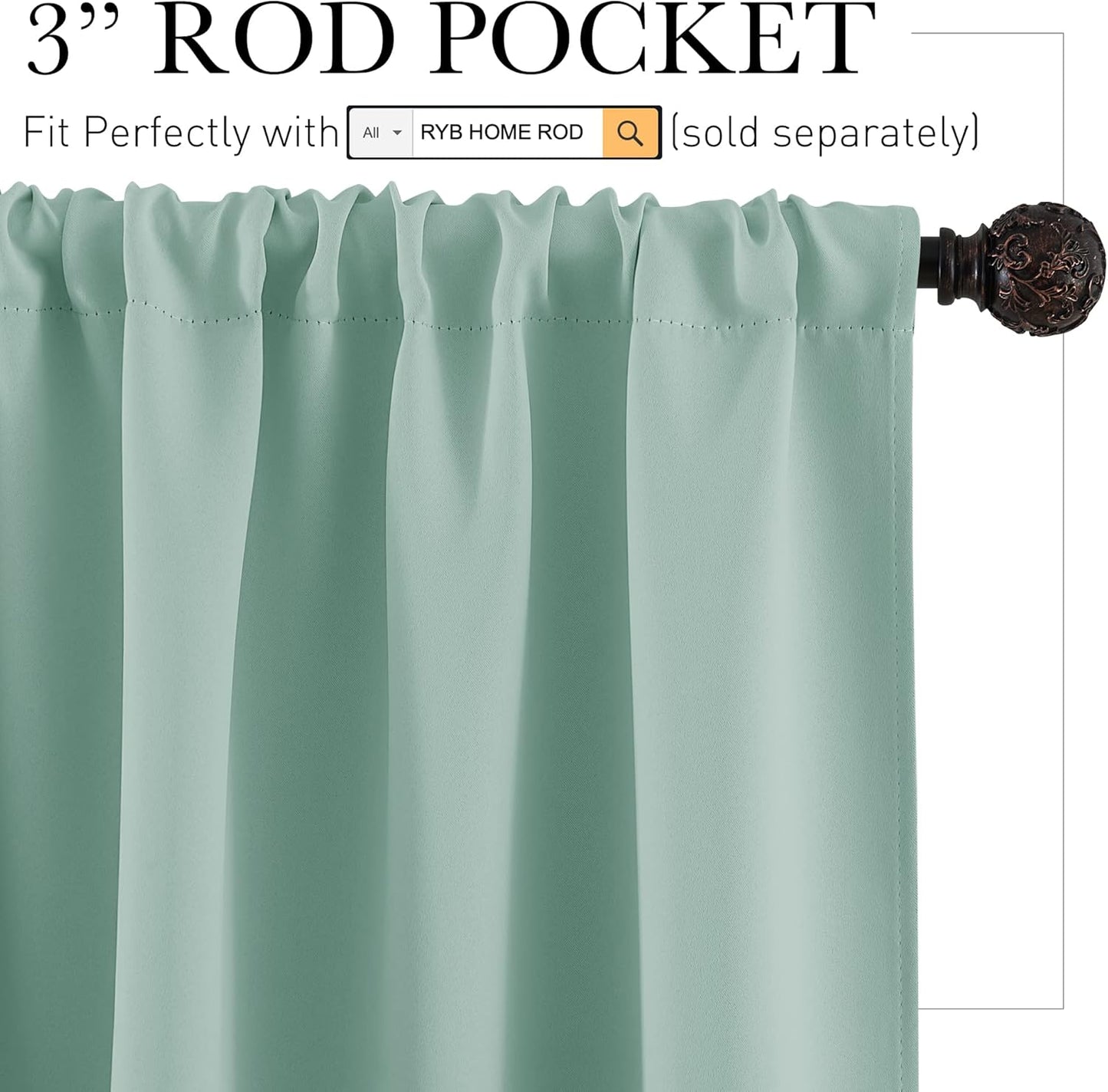 RYB HOME Rod Pocket Blackout Curtains for Living Room, Thermal Insulated Noise Reducing Window Drapes Room Darkening Shades for Bedroom Studio, 42 x 72 inch, 2 Panels Package, Aqua