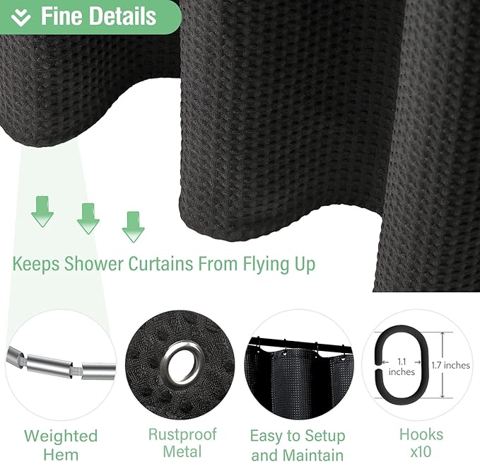 Dynamene Stall Fabric Shower Curtain - 54x78 inch Long Waffle Weave Weighted Thick Cloth Shower Curtains for Bathroom,Neutral Heavy Duty Hotel Spa Luxury Bath Curtain Set with 10 Plastic Hooks,Black