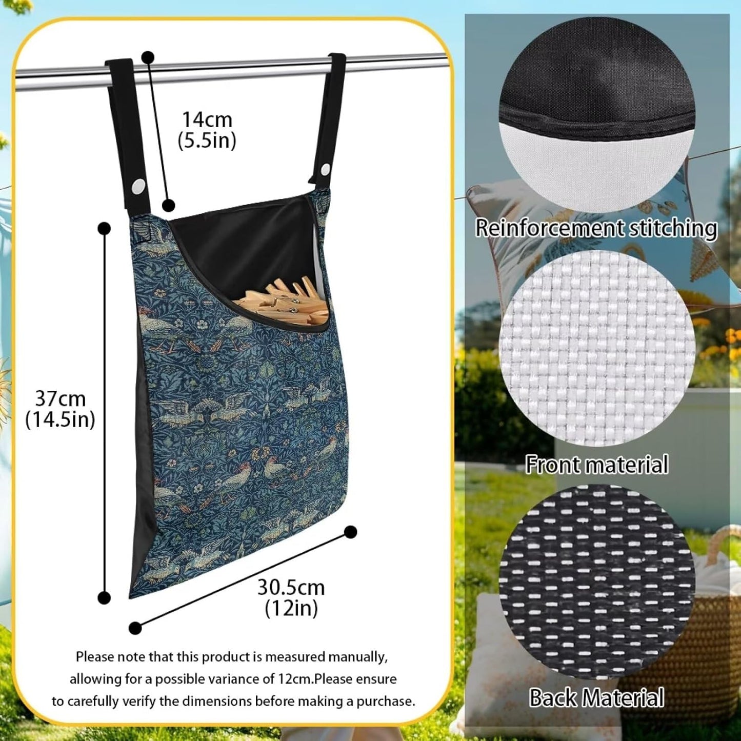 William Morris Bird Print Ultimate Clothespin Storage System 14.5"x12" - Features Oversized Opening & Extended 5.5" Hanging Strap - Polyester Construction for Outdoor Use Decor