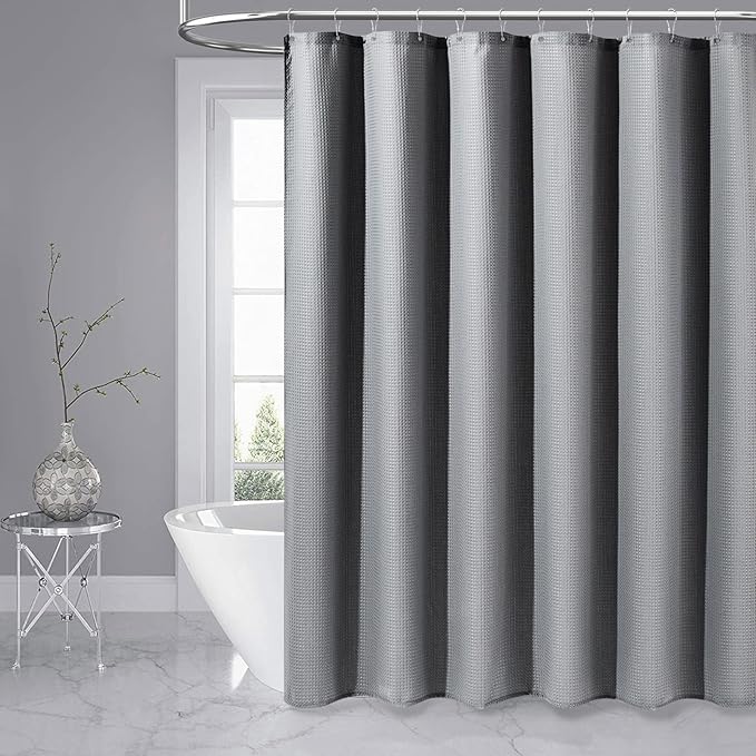 Dynamene Stall Fabric Shower Curtain - 60 x 84 inch Long Waffle Weave Weighted Thick Cloth Shower Curtain for Bathroom, Neutral Heavy Duty Hotel Spa Luxury Bath Curtain Set with 10 Hook, Grey/Gray