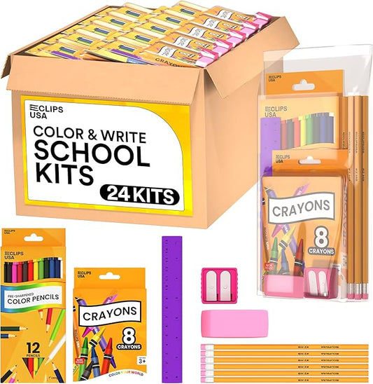 E-CLIPS USA Back to School Supplies Kit for Kids School Supplies Set School Supply Kit Colored Pencils For Kids Color Pencil Set Crayons Bulk for Classroom Wooden Pencil #2 (24 Pack)