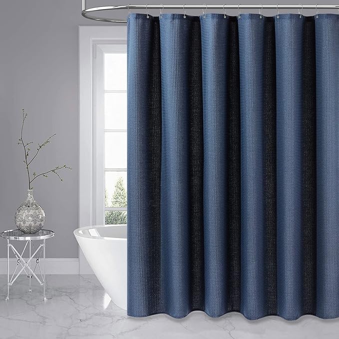 Dynamene Extra Long Shower Curtain,84 Inch Long Waffle Weave Weighted Thick Cloth Bathroom Shower Curtain, Neutral Heavy Duty Hotel Bath Curtain Set with 12 Plastic Hooks,72x84,Navy Blue
