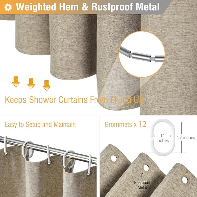 BTTN 78 Inch Long Shower Curtain - Linen Textured Heavy Duty Polyester Fabric Shower Curtain Set with 12 Plastic Hooks, Hotel Spa Neutral Curtains for Bathroom Showers and Bathtubs - 72x78 - Khaki/Tan