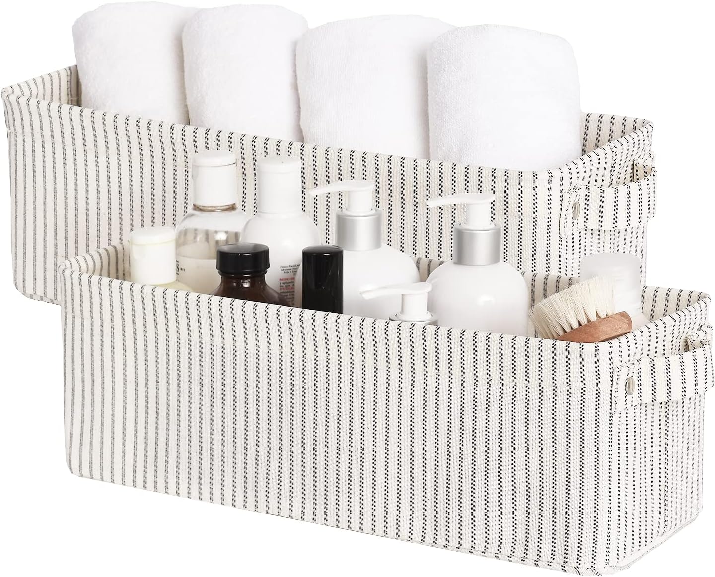 StorageWorks Narrow Storage Bins, Small Basket for Closet and Shelves, Fabric Organizer with Handles, Toilet Paper Storage, Khaki and Beige Stripes, 2-Pack