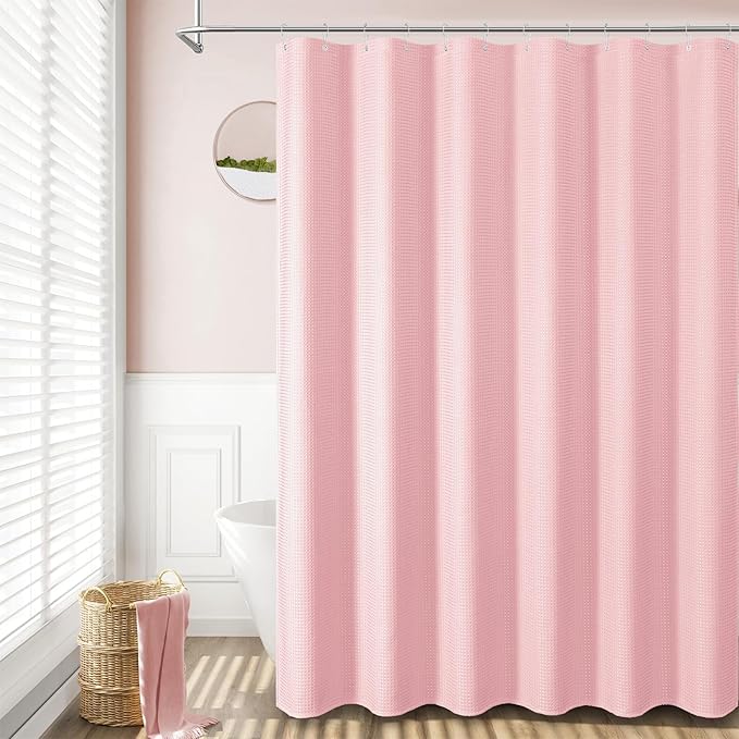 Dynamene Extra Wide Shower Curtain-108 Inch Wide Waffle Weave Weighted Thick Cloth Bathroom Shower Curtain, Neutral Heavy Duty Hotel Bath Curtain Set with 18 Plastic Hooks,108x72, Pink