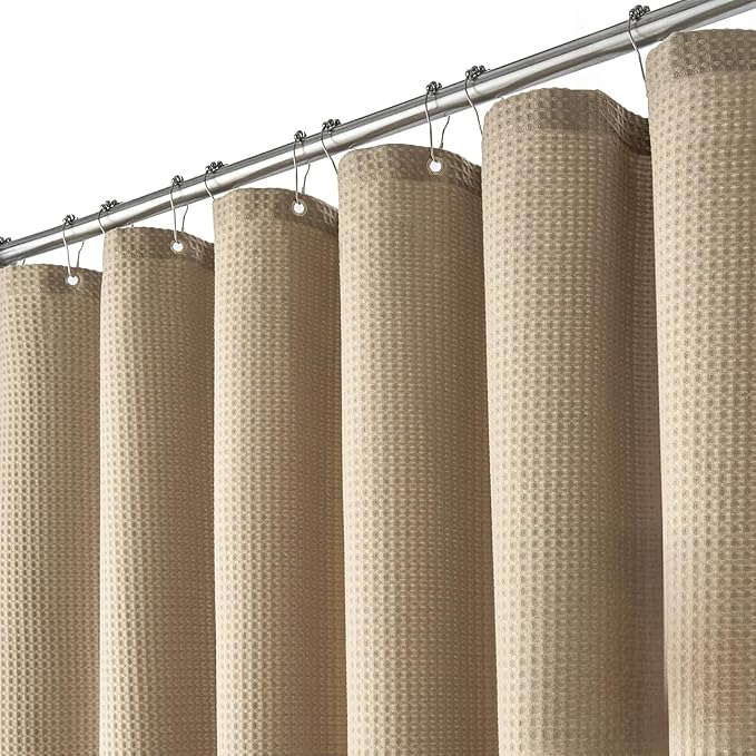 Dynamene Extra Wide Shower Curtain - 84 Inch Wide Waffle Weave Weighted Thick Cloth Bathroom Shower Curtain, Neutral Heavy Duty Hotel Bath Curtain Set with 14 Plastic Hooks, 84x72, Beige/Khaki