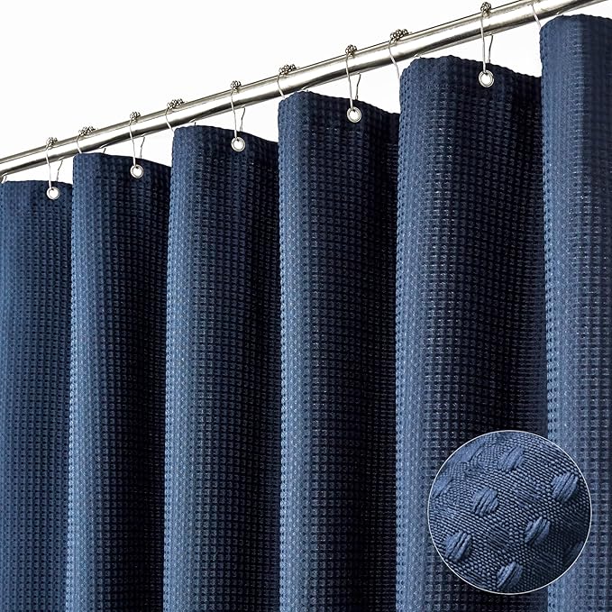 Dynamene Long Fabric Shower Curtain - Waffle Textured Tall Heavy Duty Cloth Shower Curtains for Bathroom, 256GSM Large Hotel Spa Luxury Bath Curtain Set with 12 Plastic Hooks(72Wx80H, Navy Blue)