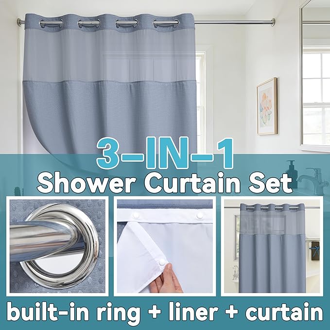 Conbo Mio Extra Wide No Hook Waffle Weave Shower Curtain with Snap in Liner Set, 108" x 74" Hotel Luxury Grey Shower Curtains for Bathroom with See Through Top Window, Waterproof, Washable 108W x 74H