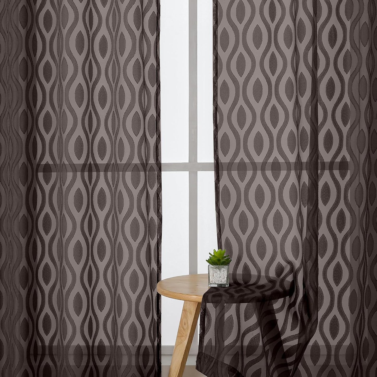 Aiyufeng Sheer Curtains 63 Inch Length 2 Panels Set, Solid Brown Light Filtering Voile Window Treatments for Bedroom Living Room, Modern Wavy Line Textured, 40" W X 63" L