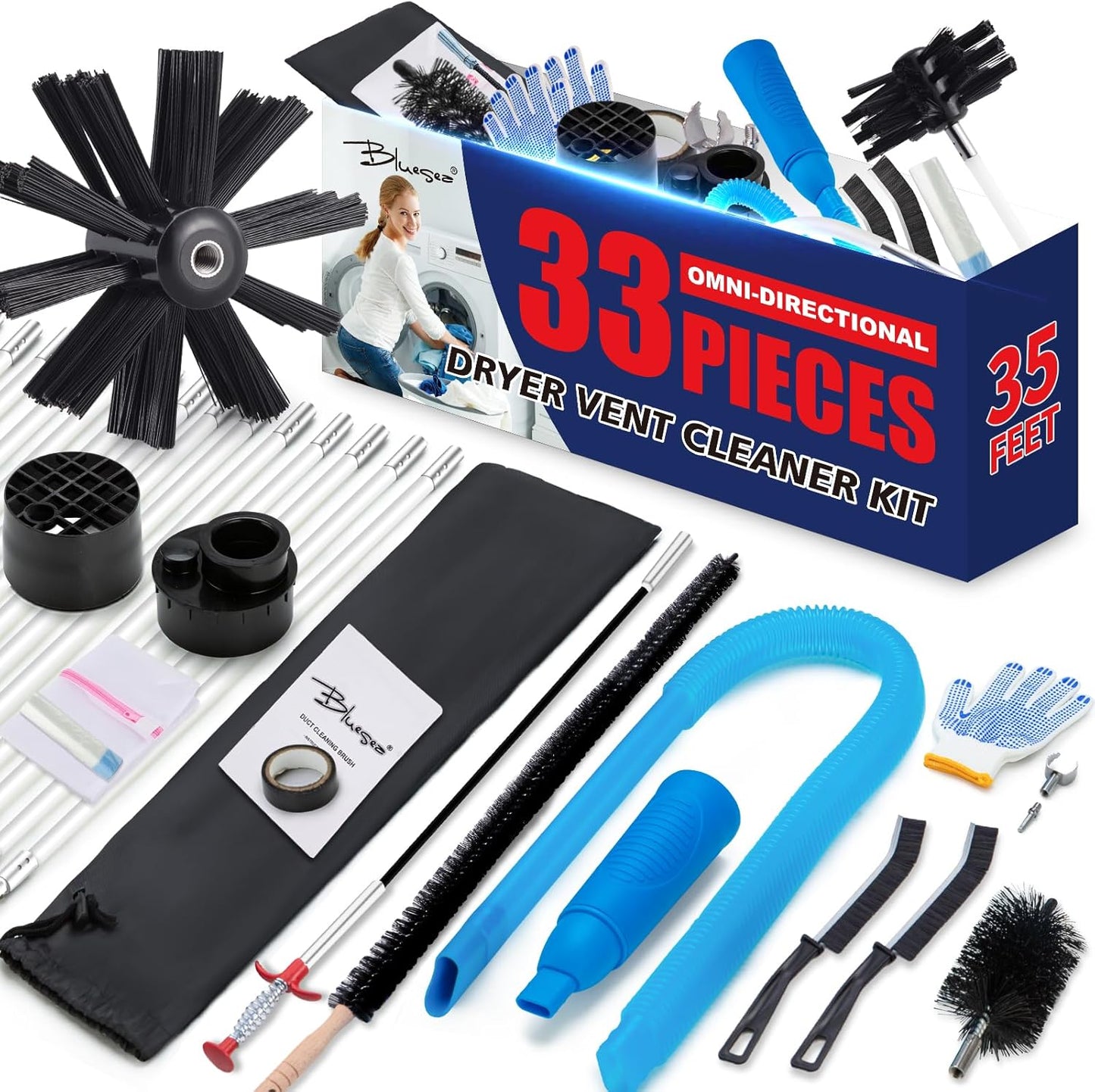 Dryer Vent Cleaner Kit, Bluesea 33-Piece Omnidirectional Dryer Cleaning Kit Include 35 Feet Dryer Vent Brush, Upgrade Noiseless Dryer Lint Vacuum Attachment, Lint Trap Brush, Vacuum & Dryer Adapters