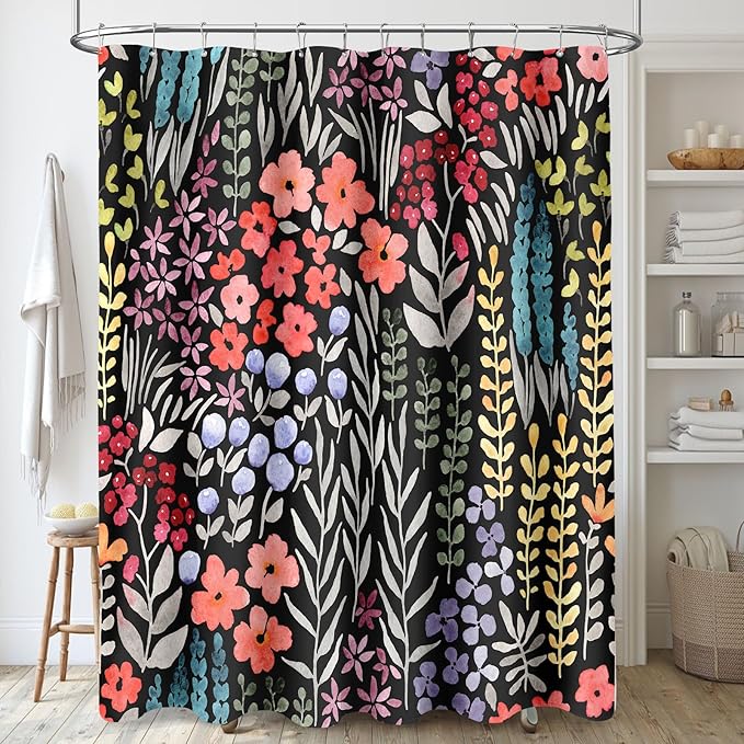 Colorful Floral Shower Curtain, Cute Boho Flower Fabric, Funky Watercolor Wildflower Shower Curtain Set, Cottagecore Bohemian Bathroom Decor, Black, 72x72