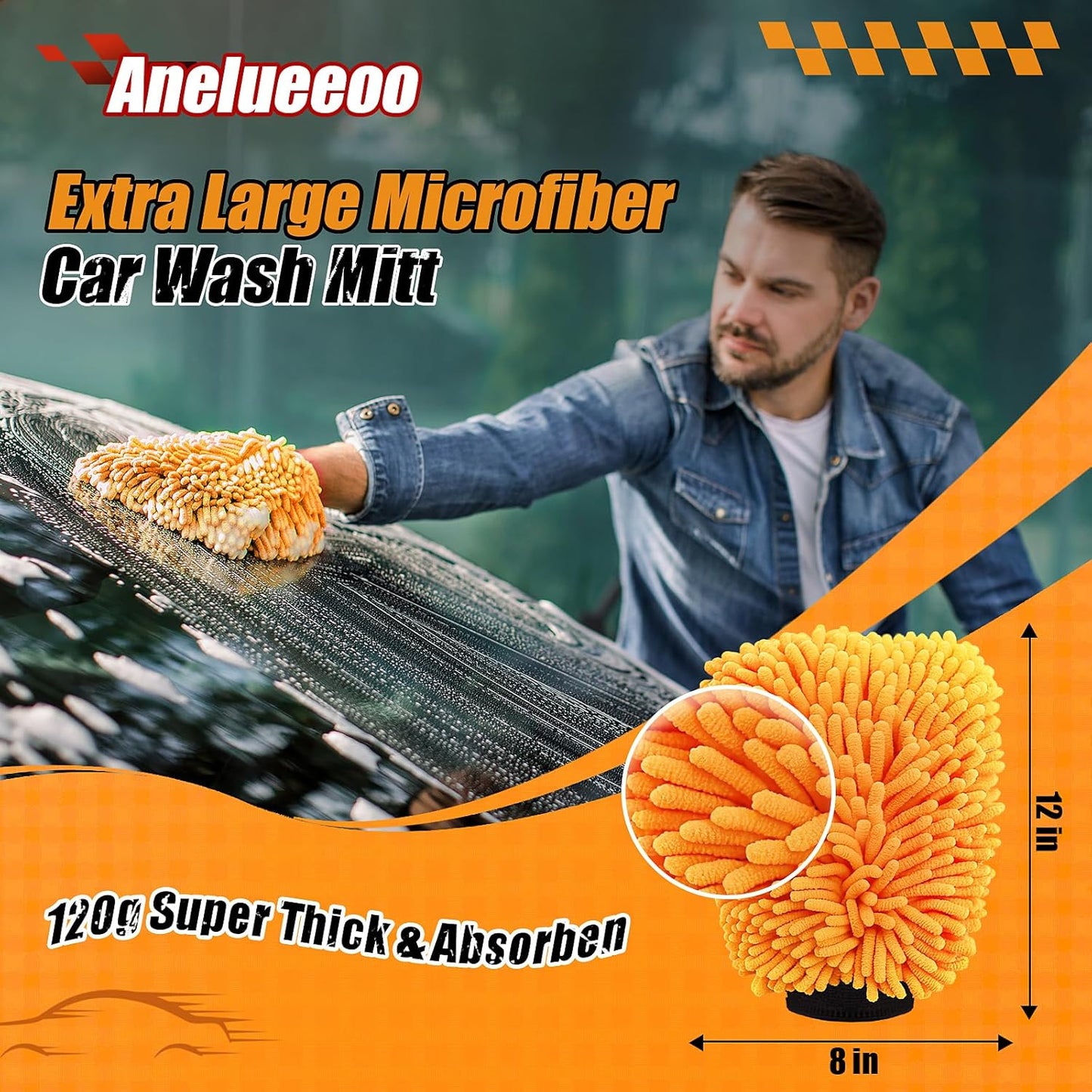 4 Pack Car Wash Mitt Microfiber, Premium Chenille Microfiber Wash Car Mitts Sponge Scratch Free & Lint-Free, Mitts Waterproof Lining Orange (8''X12'')