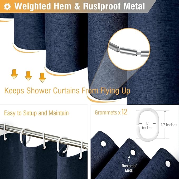 BTTN Extra Long Fabric Shower Curtain - 72x90 Inch Linen Textured Heavy Duty Cloth Shower Curtain Set with Plastic Hooks, Hotel Luxury Waterproof Tall Polyester Shower Curtains for Bathroom, Navy Blue
