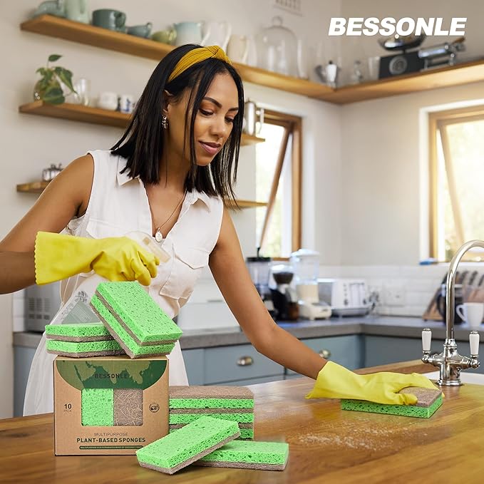 10 Pack Biodegradable Natural Sponges Kitchen - Compostable Cellulose and Coconut Walnut Scrubber Sponge - Eco Friendly Sponges for Dishes
