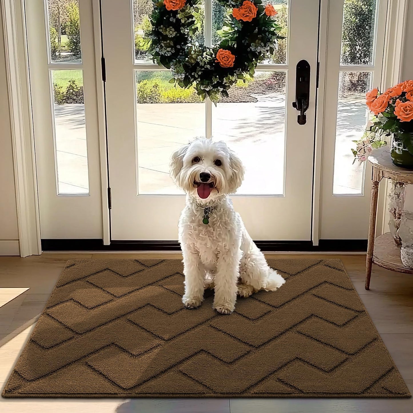 hicorfe Front Door Mat Outside Entrance,32"x40" Absorbent Muddy Dirt Resist Welcome Door Mats Outdoor Indoor,Stain and Fade Resistant,Non Slip Backing Entry Mat Doormat for Entryway(Dark Brown)
