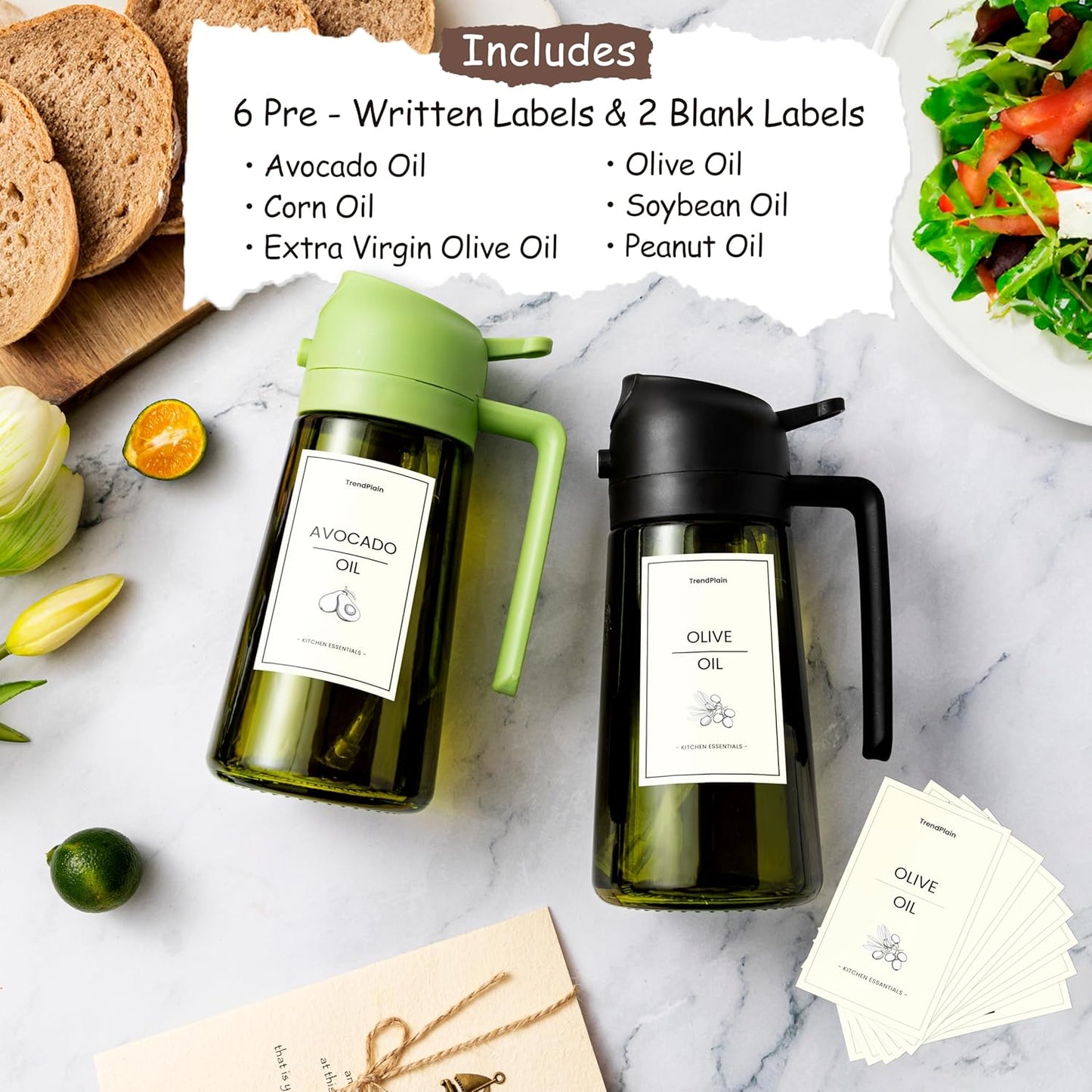 TrendPlain - Original 16oz/470ml Olive Oil Dispenser Bottle for Kitchen Gadgets and Air Fryer Accessories - Olive Oil Sprayer for Cooking w/Stickers - Black