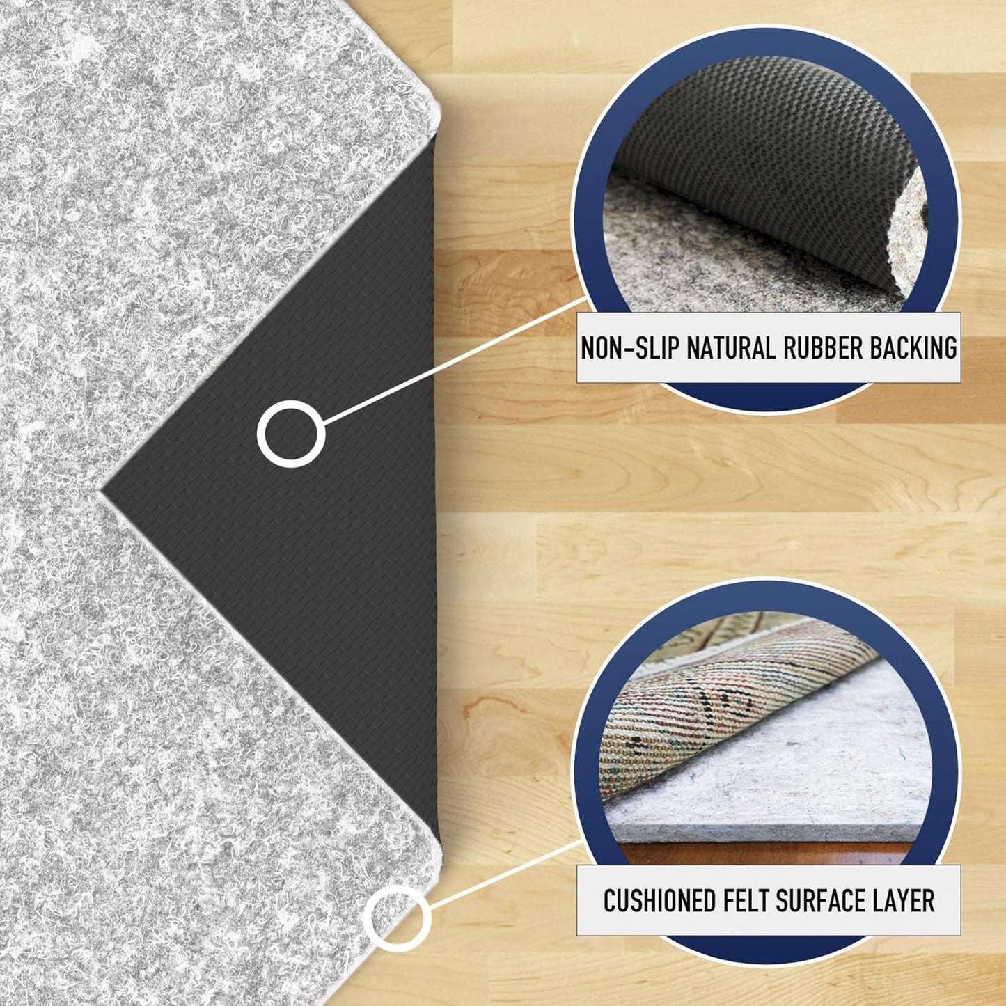 RUGPADUSA - Dual Surface - 10'x12' - 1/4" Thick - Felt + Rubber - Non-Slip Backing Rug Pad - Safe for All Floors