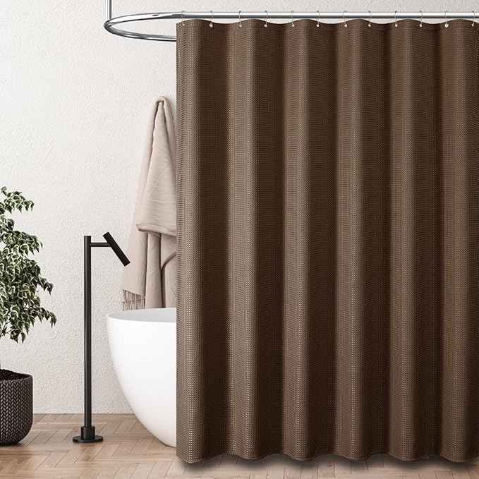 Dynamene Long Fabric Shower Curtain - Waffle Textured Tall Heavy Duty Cloth Shower Curtains for Bathroom, 256GSM Large Hotel Spa Luxury Bath Curtain Set with 12 Plastic Hooks(72Wx80H, Brown)