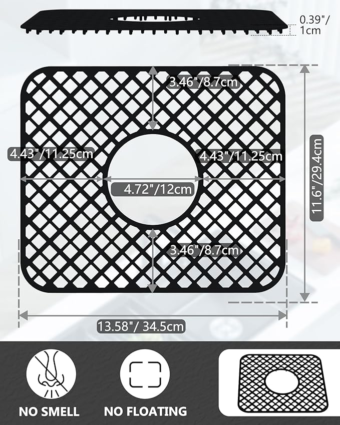 2 Pack Silicone Sink Protector for Kitchen Sink, Lozenge Pattern 13 x 11 inches Sink Grid Mat Silicone Protectors, Center Drain, Black