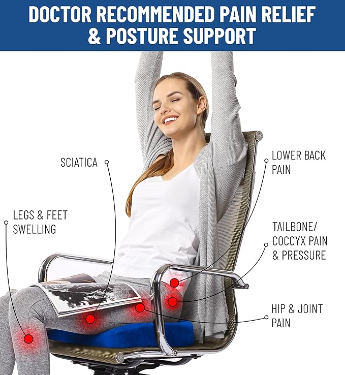 Everlasting Comfort Doctor Recommended Memory Foam Seat Cushion for Office Chairs & Car - Ergonomic Office Desk Accessories - Cushions for Tailbone Pain Relief, Sciatica (Blue, Large)