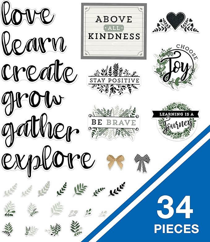 Carson Dellosa 34 pc Bundle of Farmhouse Decor for Bulletin Board, Positive Affirmations, Motivational Poster, Eucalyptus, and More Classroom Decorations
