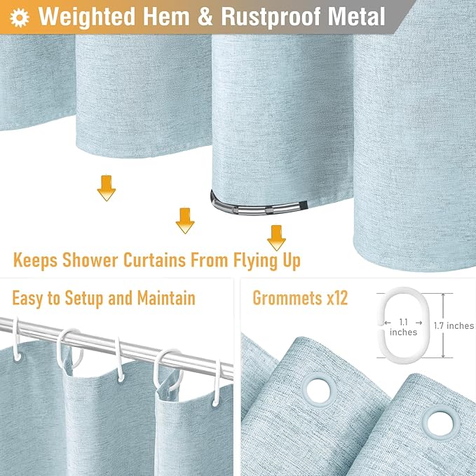 BTTN Extra Long Shower Curtain - 72x96 Inch Long Linen Textured Heavy Duty Fabric Shower Curtain Set with 12 Plastic Hooks, Tall Decorative Neutral Waterproof Shower Curtains for Bathroom, Fog Blue