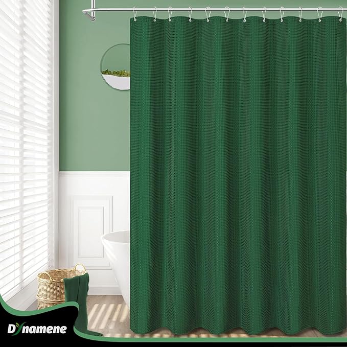 Dynamene Extra Long Shower Curtain - 96 Inch Long Waffle Weave Weighted Thick Cloth Bathroom Shower Curtain, Neutral Heavy Duty Hotel Bath Curtain Set with 12 Plastic Hooks,72x96, Dark Green
