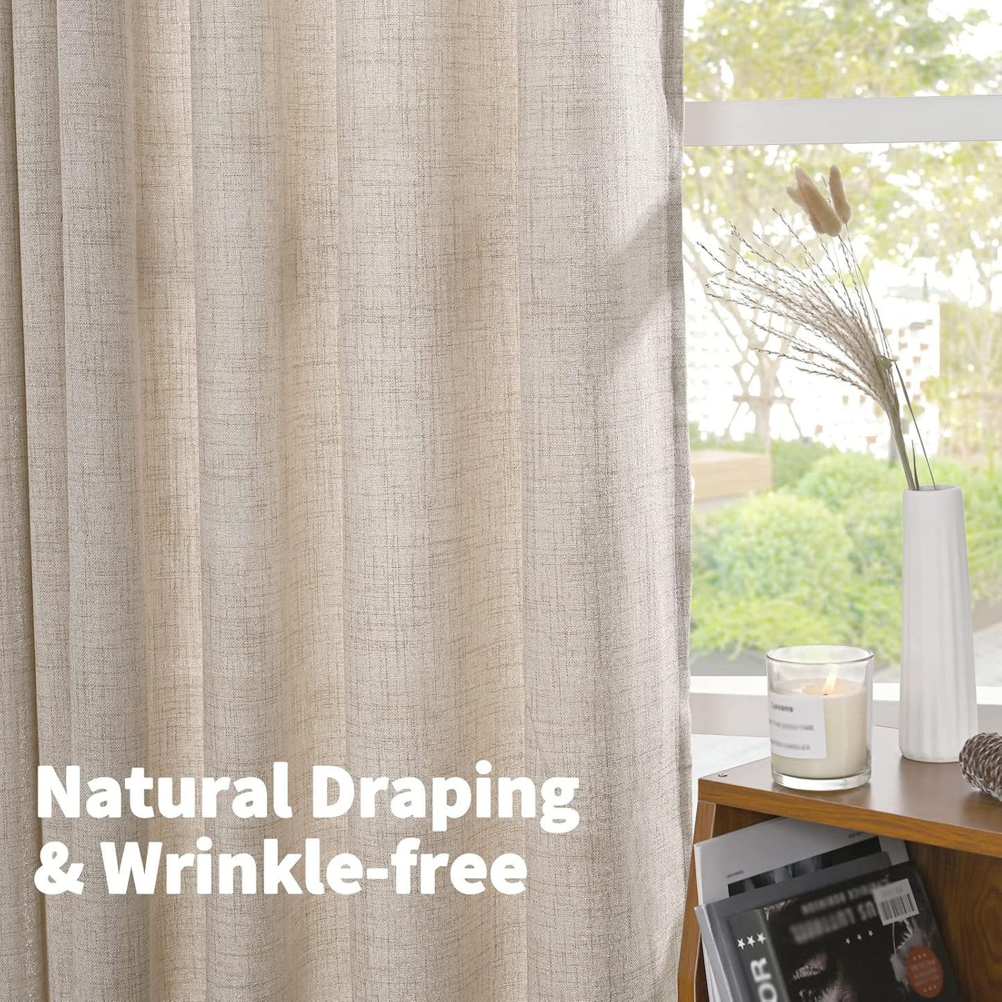YoungsTex Short Linen Curtains 45 Inch Length for Cafe Window, Natural Light Filtering Drapes with Rod Pocket Back Tab Semi Sheer for Kitchen Window, 2 Panels, 42 X 45 Inch